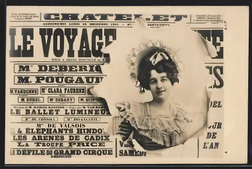 AK Frauenportrait hinter zerrissener Zeitung