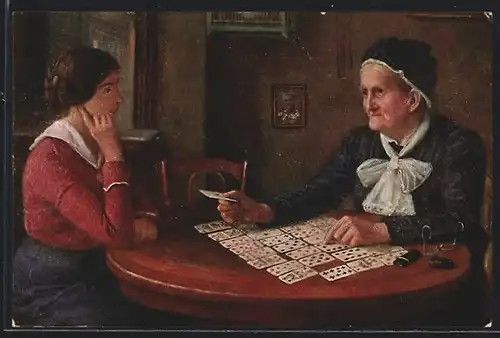 Künstler-AK Frage an das Schicksal, Fräulein bei einer alten Kartenlegerin