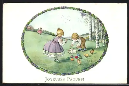 Künstler-AK Pauli Ebner: Kinder mit Hasen und Osterküken, Ostergruss