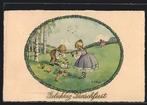 Künstler-AK Pauli Ebner: Kinderpaar mit Osterhasen und farbigen Ostereiern auf einer Wiese