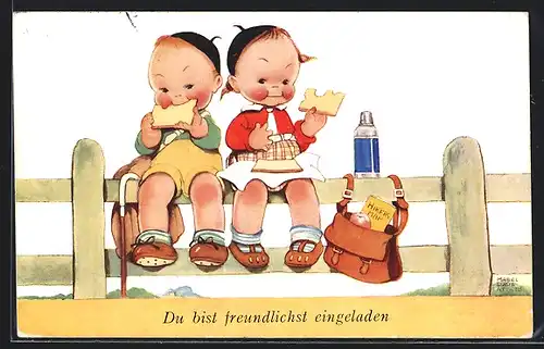 Künstler-AK John Wills: Lass dir niemals die Butter vom Brot nehmen, Kinder bei der Brotzeit