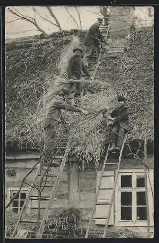 AK Dachdecker arbeiten an einem Reetdach