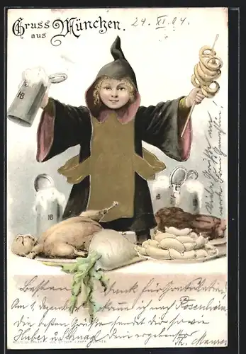 AK Münchner Kindl mit Bier und Brezen