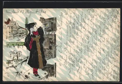 Präge-Lithographie Münchner Kindl am Telefon, Ansicht des Münchener Hofbräuhauses