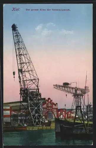 AK Kiel, Hafen mit Schiff und dem grossen Kran der Germaniawerft