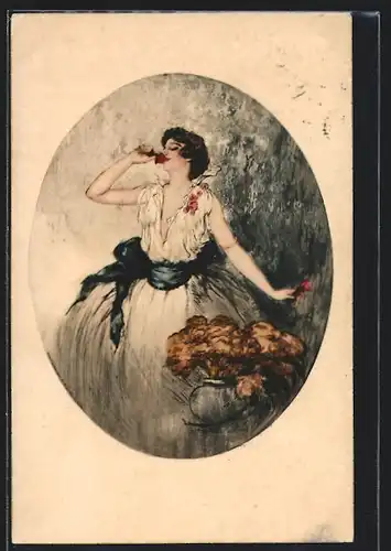 Künstler-AK J. Hardy: Frau geniesst den Duft frischer Blumen