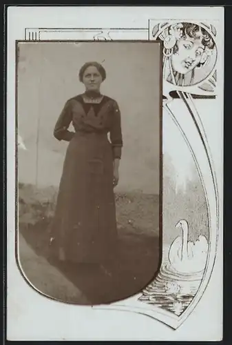 Foto-AK Portrait einer schönen Frau, Passepartout im Jugendstil