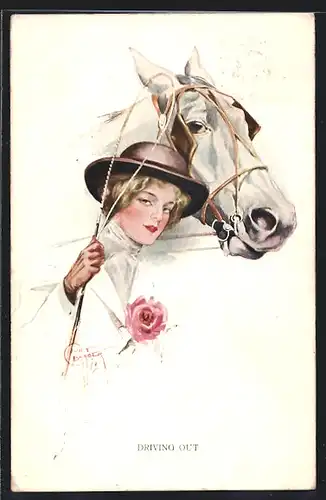 Künstler-AK Court Barber: Driving out, Reiterin mit Peitsche und Pferd