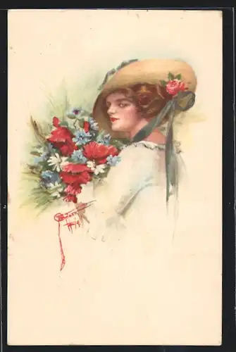 Künstler-AK Court Barber: Schöne Frau mit Sommerhut und Blumen
