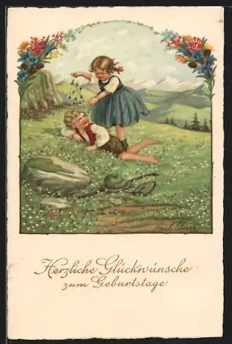 Künstler-AK Pauli Ebner: Kinderpaar spielt auf einer Blumenwiese, Pfingstgruss