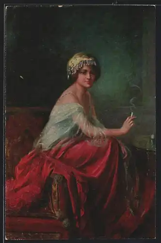 Künstler-AK Delphin Enjolras: Das Modell, Fräulein im roten Rock raucht eine Zigarette