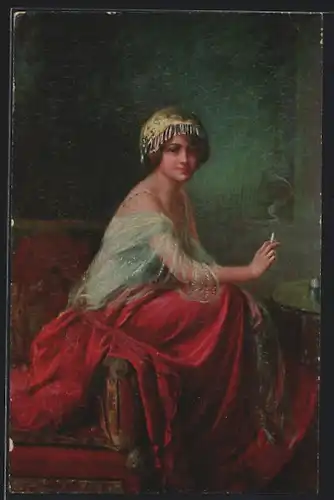 Künstler-AK Delphin Enjolras: Das Modell, Fräulein im roten Rock raucht eine Zigarette