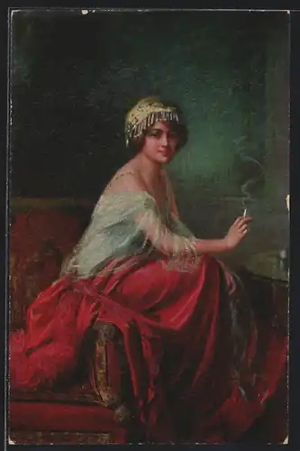 Künstler-AK Delphin Enjolras: Das Modell, Fräulein im roten Rock raucht eine Zigarette