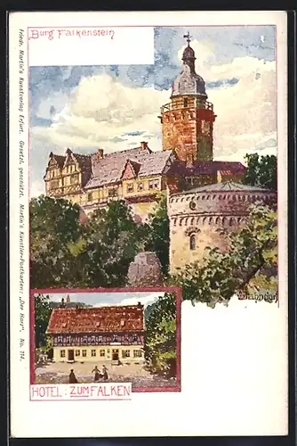 Künstler-AK Falkenstein, Burg Falkenstein, Hotel Zum Falken