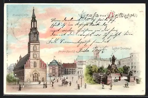 Lithographie Berlin, Neuer Markt, Lutherdenkmal, Marienkirche