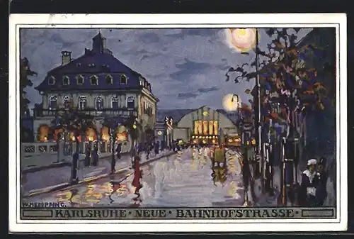 Künstler-AK Karlsruhe i. B., Passanten in der neuen Bahnhofstrasse