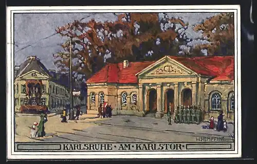 Künstler-AK Karlsruhe, Passanten am Karlstor