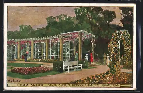 Künstler-AK Karlsruhe, Stadtgarten, Pergola im Rosengarten