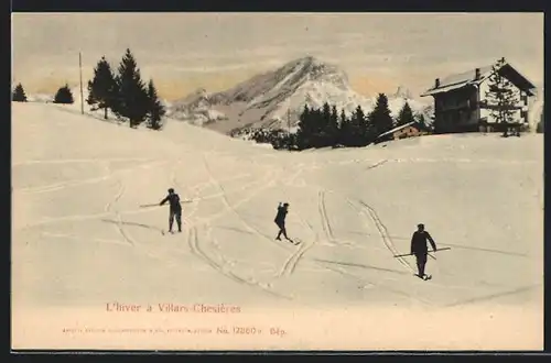 AK L`hiver à Villars-Chesières, drei Skiläufer bei der Abfahrt