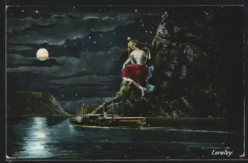 AK Loreley sitzt mit Lyra bei Mondschein auf einem Felsen