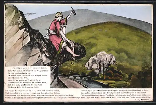 AK Die Sage von der bunten Kuh, Felsidylle mit trinkender Frau