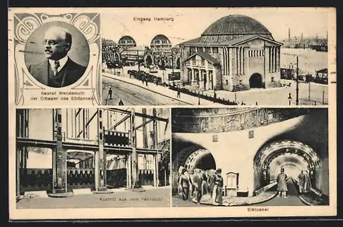 AK Hamburg-St. Pauli, Elbtunnel, Mehrfachansichten, Baurat Wendemuth im Portrait