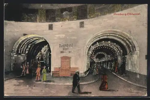 AK Hamburg-St. Pauli, Elbtunnel, Durchgang mit Passanten