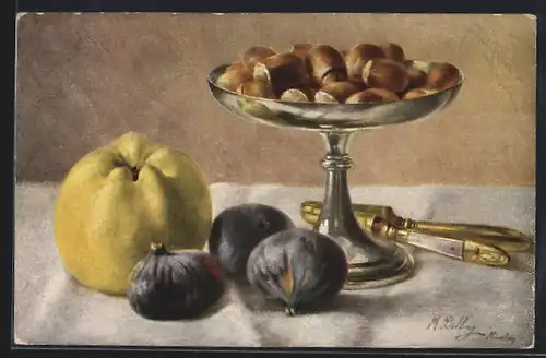 Künstler-AK M.Billing: Zwiebeln und Apfel stehen neben Schale mit Nüssen und Nussknacker auf dem Tisch