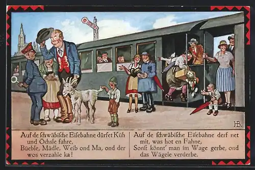 Künstler-AK Hans Boettcher: Auf die schwäbische Eisenbahne dürfet Küh und Öchsle fahre...