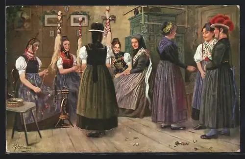 Künstler-AK Heinrich Hoffmann: Schwarzwälderinnen in einer Spinnstube