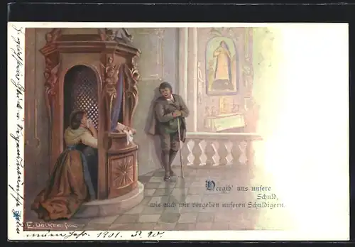 Künstler-AK E. Döcker: Vergib` uns unsere Schuld..., Frau bei der Beichte