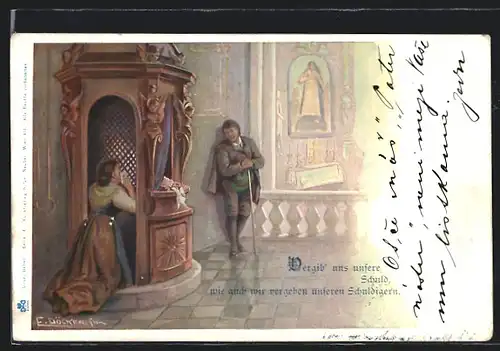 Künstler-AK E. Döcker: Vergib` uns unsere Schuld..., Frau bei der Beichte