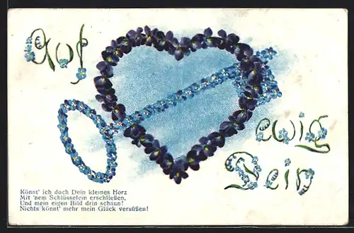 AK Auf ewig Dein, Herz und Schlüssel als Blumenbild