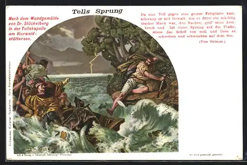 Lithographie Wilhelm Tell, Darstellung von Tell`s Sprung