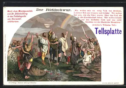 Lithographie Seelisberg, Wandgemälde in der Tellskapelle am Vierwaldstättersee, Rütlischwur