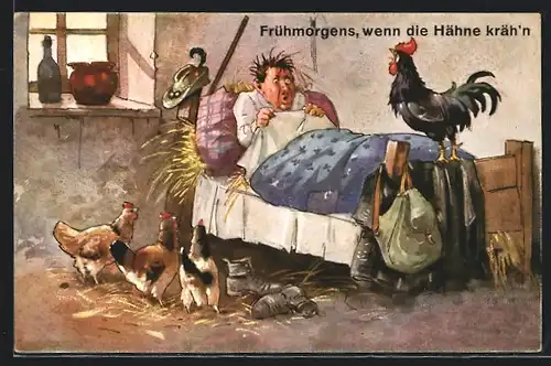 AK Frühmorgens, wenn die Hähne kräh'n, Mann erschrickt nach dem Aufwachen vor dem Hahn auf dem Bettrand