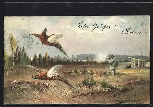 Künstler-AK M. Müller jun.: Jäger schiesst Fasane