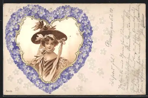 Präge-AK Schönes Blumenbild mit Frauenportrait im Blumenherz