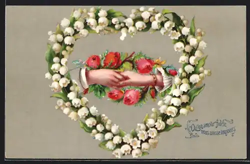 AK Hände eines Liebespaares in einem Herz aus Maiglöckchen, Blumenbild