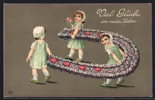 AK Blumenbild, Drei Mädchen mit einem Hufeisen, Neujahrsgruss