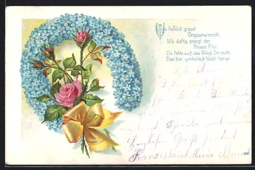 AK Hufeisen aus Veilchen mit Rosen und Schleifenband, Blumenbild