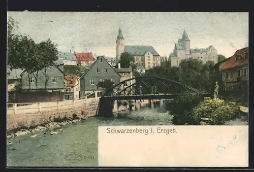 AK Schwarzenberg / Erzgeb., Teilansicht mit Flussbrücke