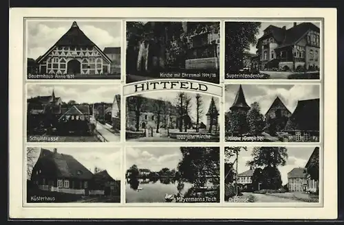 AK Hittfeld, Schulstrasse, Ortslinde, Kirche mit Ehrenmal 1914 /18