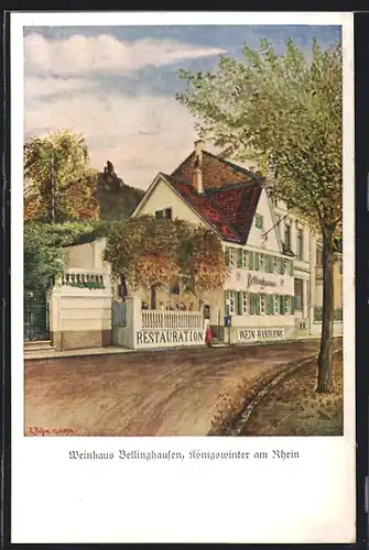 Künstler-AK Königswinter am Rhein, Gasthaus Bellinghausen mit Strassenpartie