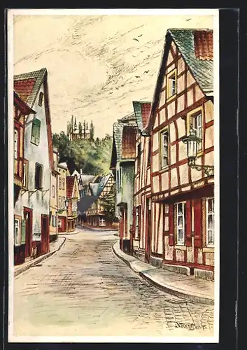 Künstler-AK Linz, Brüderstrasse mit Fachwerkhaus