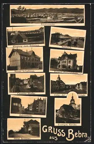 AK Bebra, Bahnhof, Kaiserl. Postgebäude, Unter der Linde, Bahnstrasse