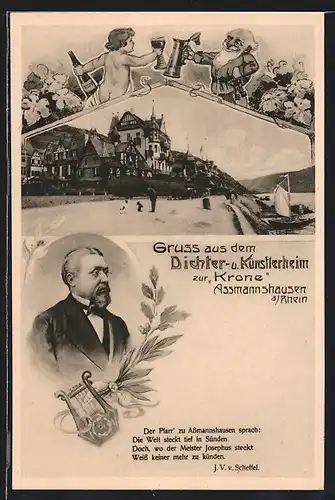 AK Assmannshausen a. Rhein, Restaurant Dichter- und Künstlerheim zur Krone, Fers von Victor von Scheffel