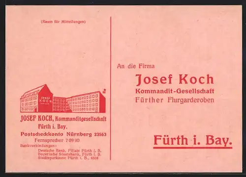 AK Fürth i. Bay., Josef Koch Kommandit-Gesellschaft, Flurgarderoben