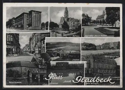 AK Gladbeck, Allee m. Postamt, Ehrenmal, Rathaus