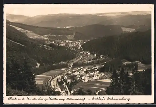 AK Sitzendorf, Blick v. d. Hindenburg-Hütte auf den Ort und Schloss Schwarzburg